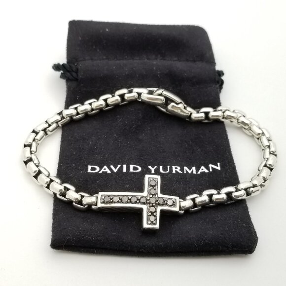 David Yurman Sterling Silver Black Diamonds Cross 8" Inch Box Chain Bracelet - Picture 1 of 9